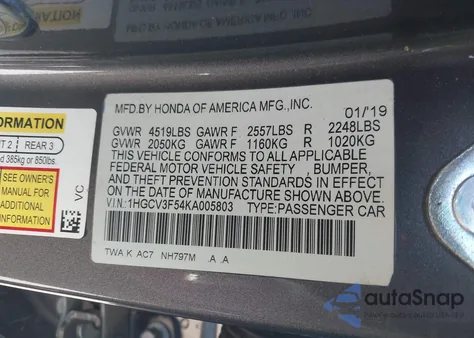 2019 Honda Accord Hybrid Ex-L z USA, uszkodzony, nr VIN 1HGCV3F54KA005803